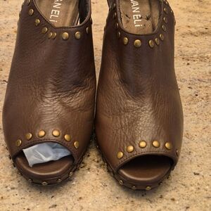 Vaneli Brown Studded Peep-Toe Mules